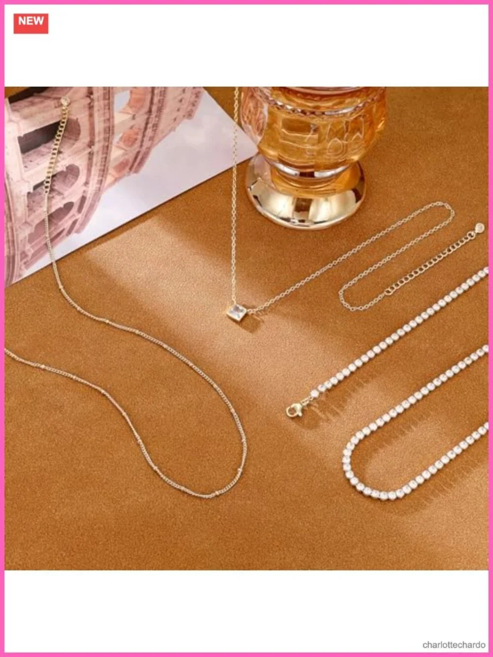 14K Gold Plated Layered Necklace CZ Tennis Bar Pendant Dainty Stackable